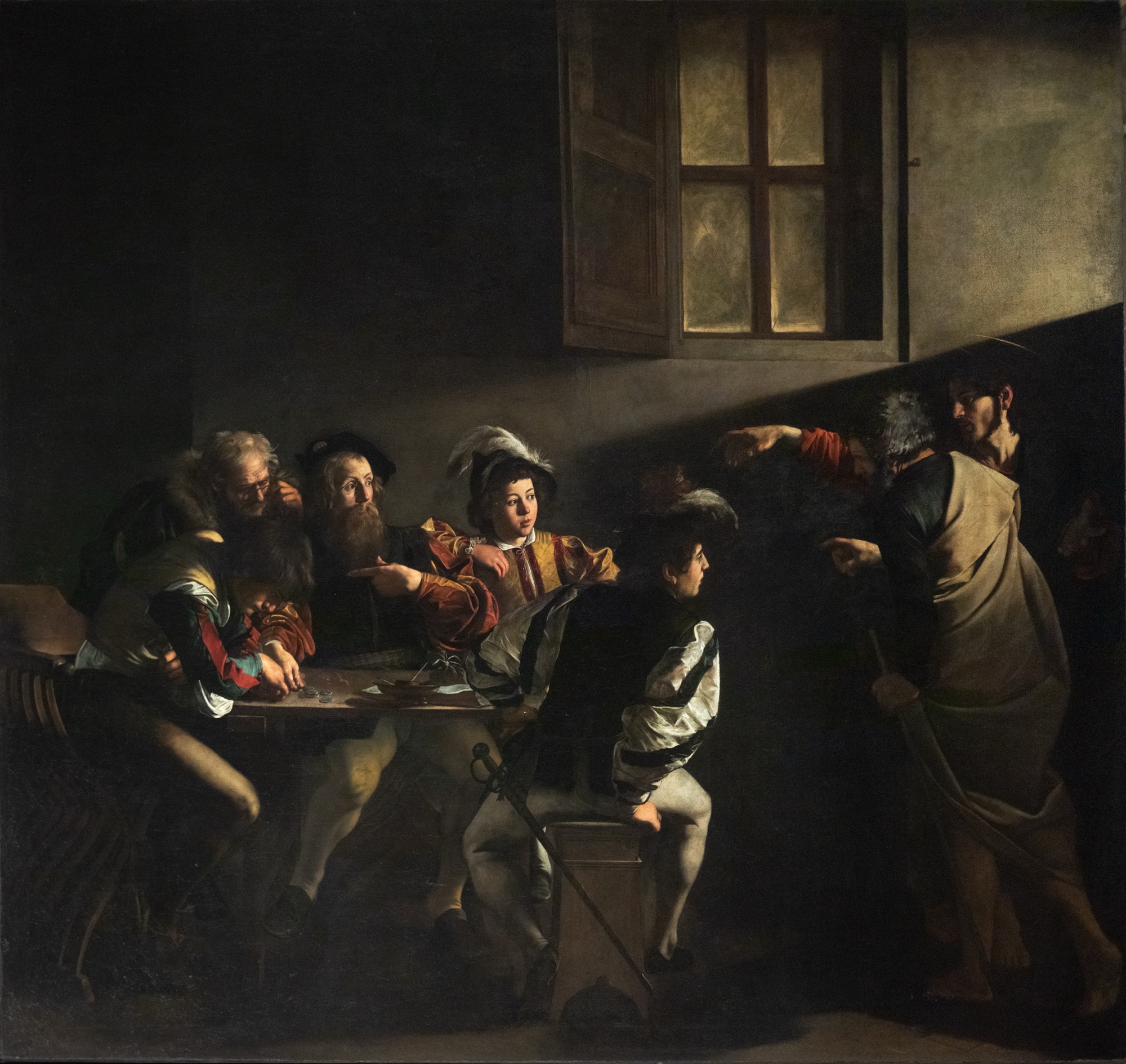 Caravaggio, The Calling of Saint Matthew, 1599 — one light source, five gestures: a room you can read