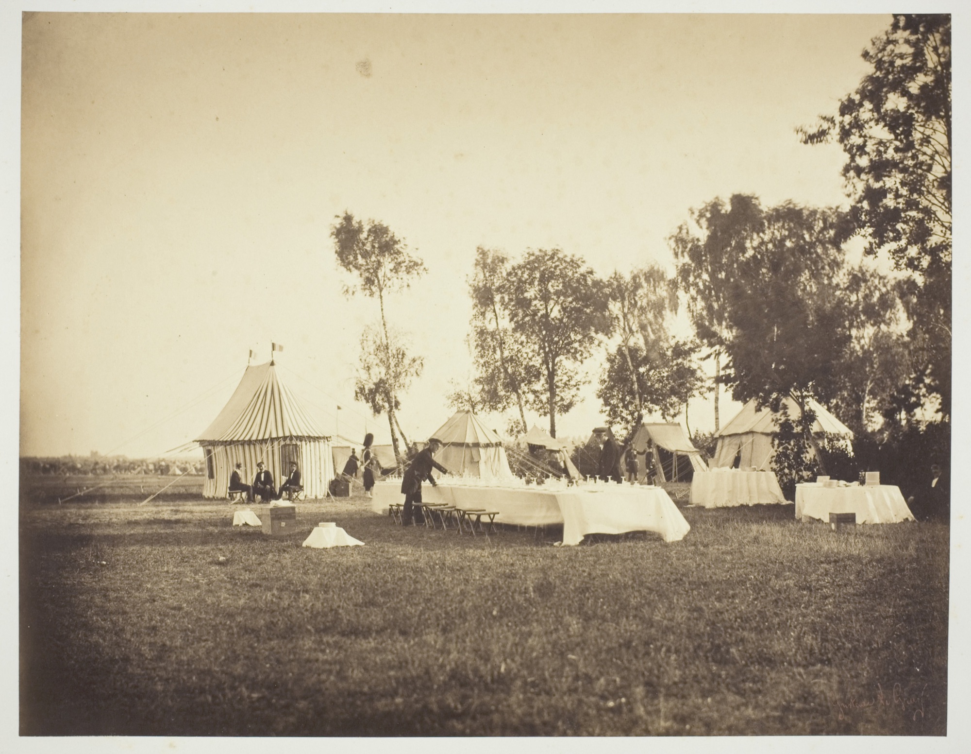 Gustave Le Gray, Preparation of the Emperor's Table, Camp de Châlons, 1857 — photographed on imperial commission: the frame belonged to the payer