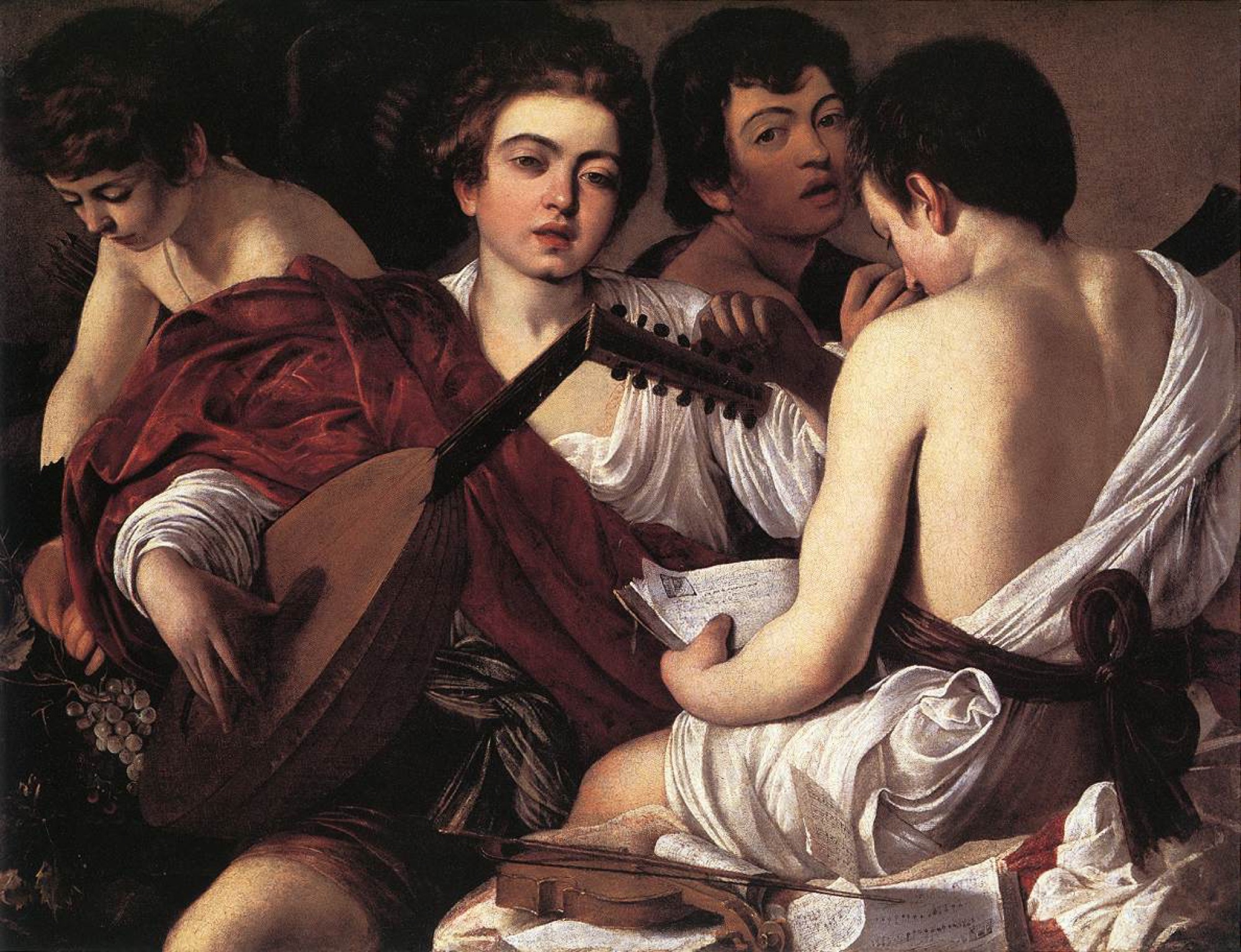 Caravaggio, The Musicians, 1595 — rehearsal, mid-note