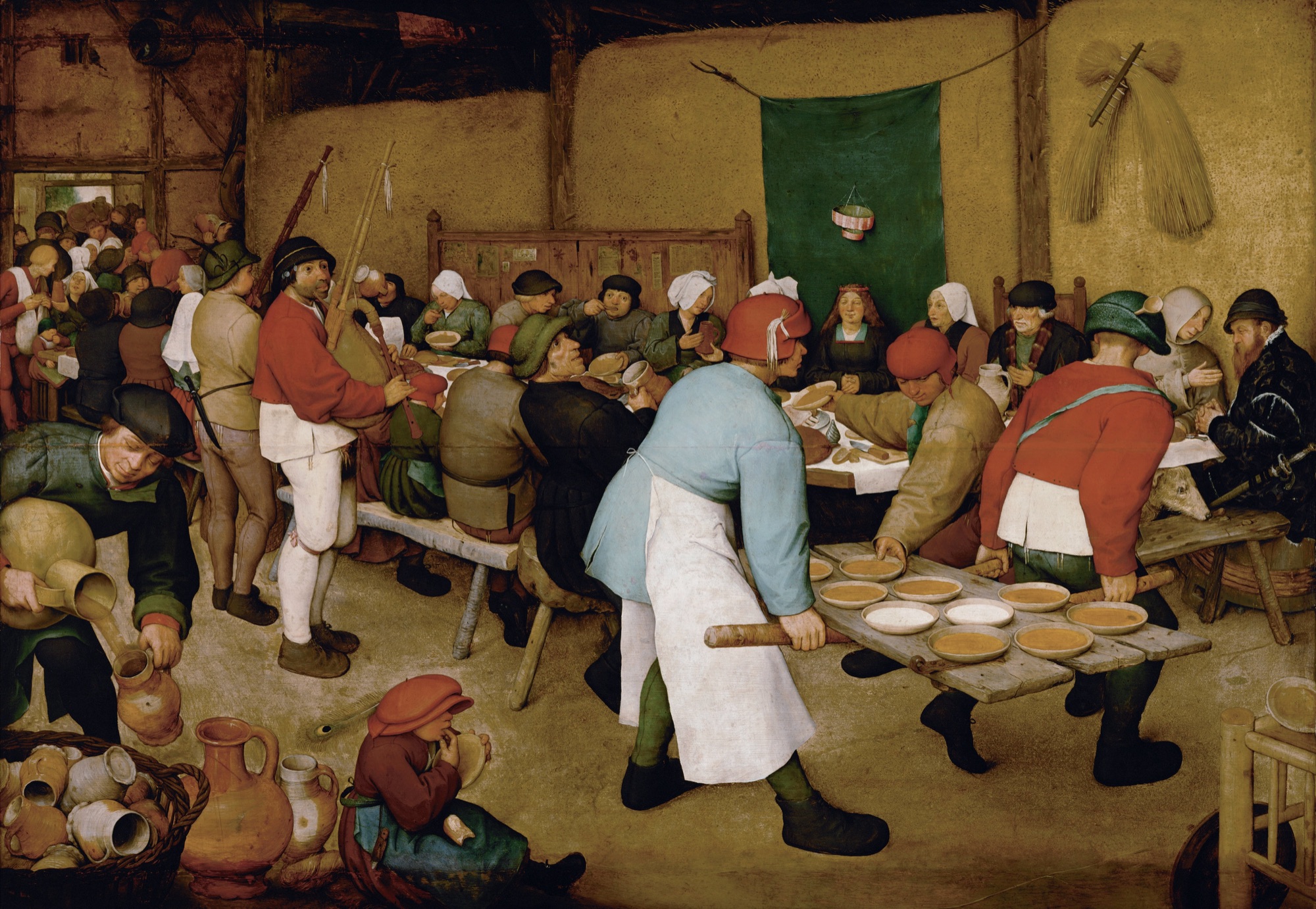 Pieter Bruegel the Elder, The Peasant Wedding, 1567 — every figure a function: bride, piper, steward, pourer