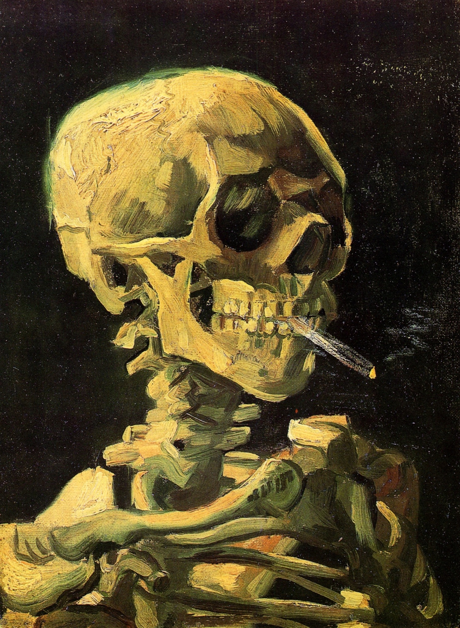 Vincent van Gogh, Skull of a Skeleton with Burning Cigarette, 1885 — what it shows is simple; what it suggests is the lesson