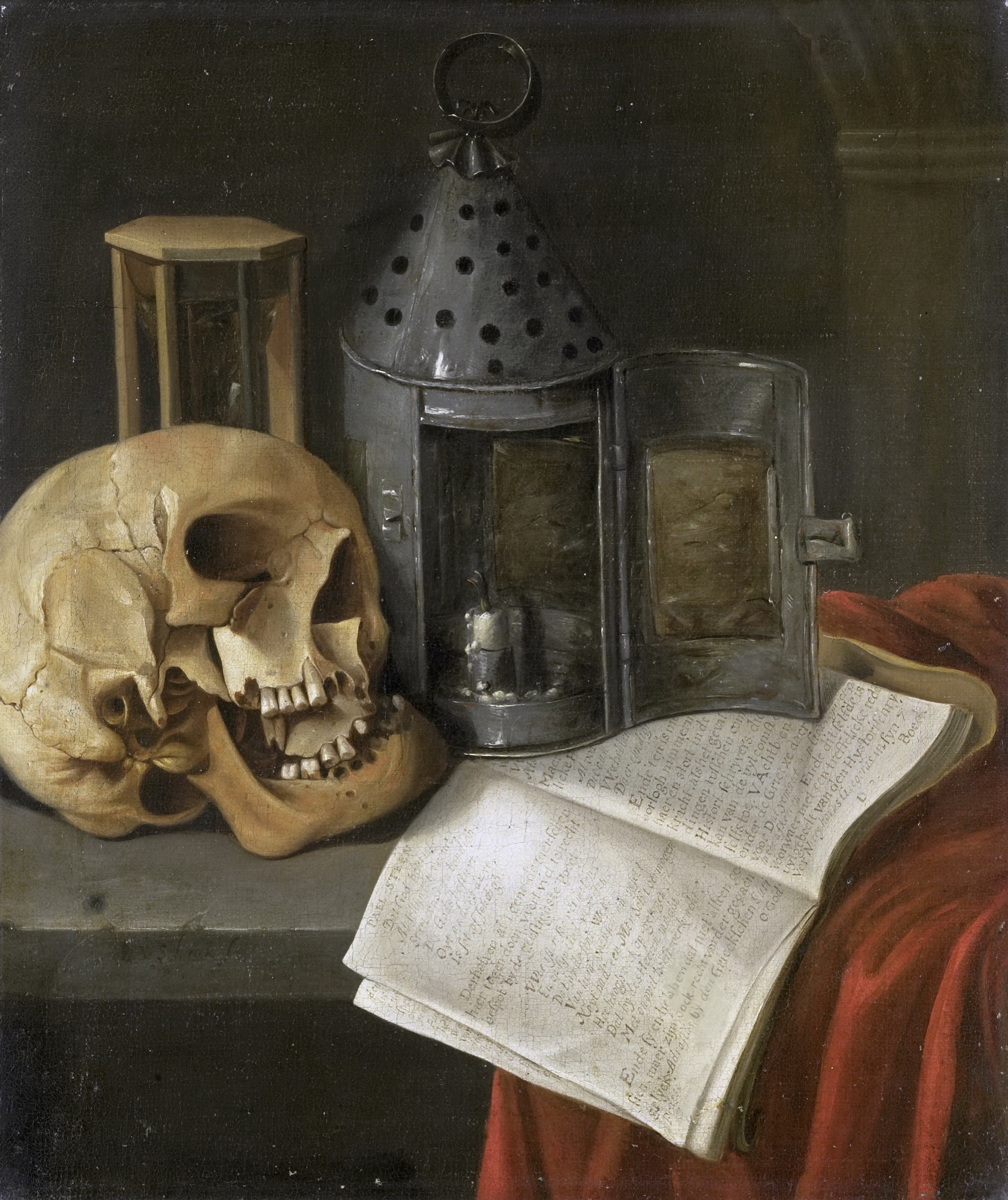 B. Schaak, Vanitas Still Life, 1675–1700 — skull, lantern, hourglass, book: the genre's repertoire