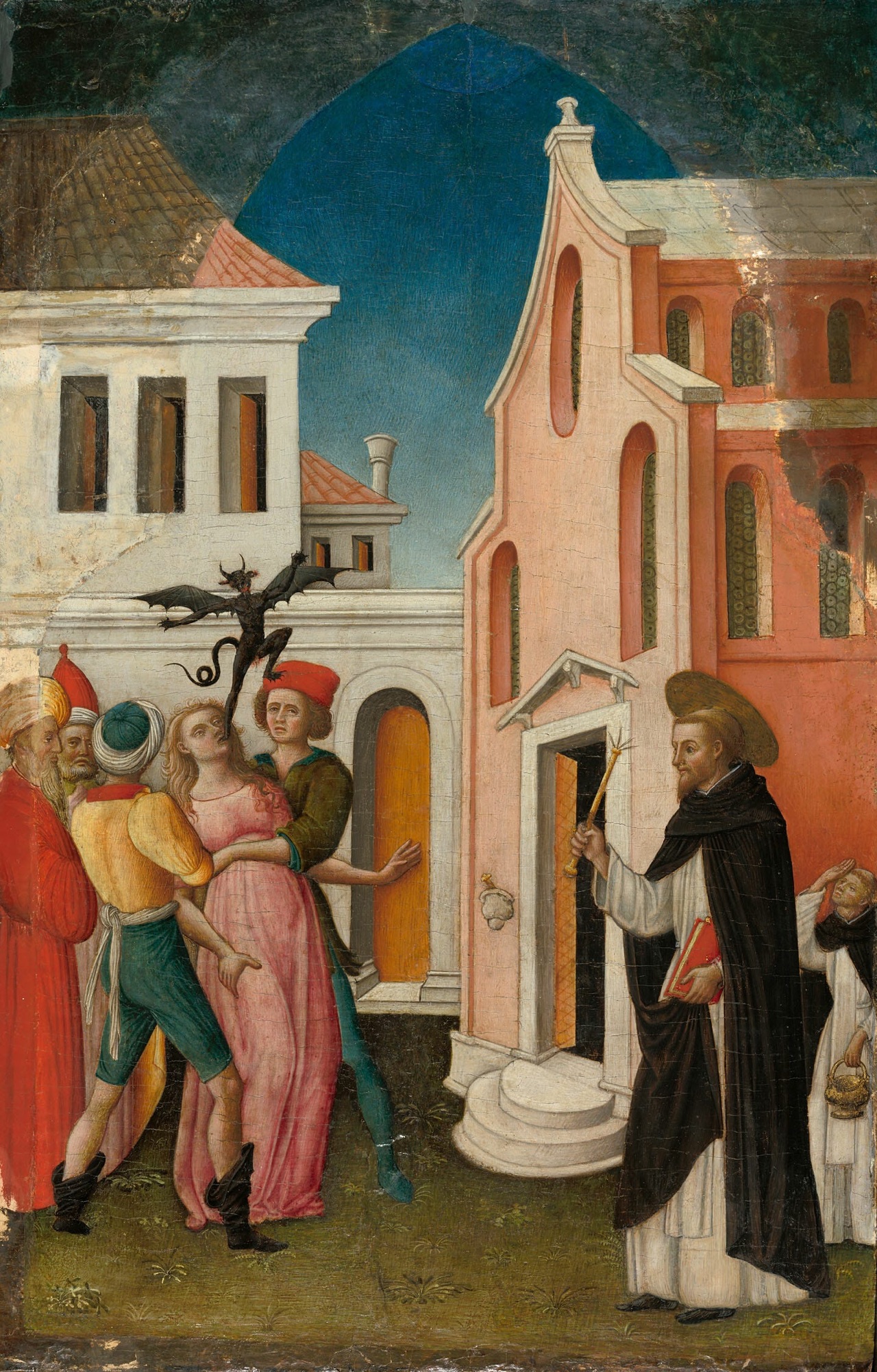 Antonio Vivarini, Saint Peter Martyr Exorcizing a Woman Possessed by a Devil, c. 1450 — hero, villain, victim, helpers: Propp's functions, five centuries early